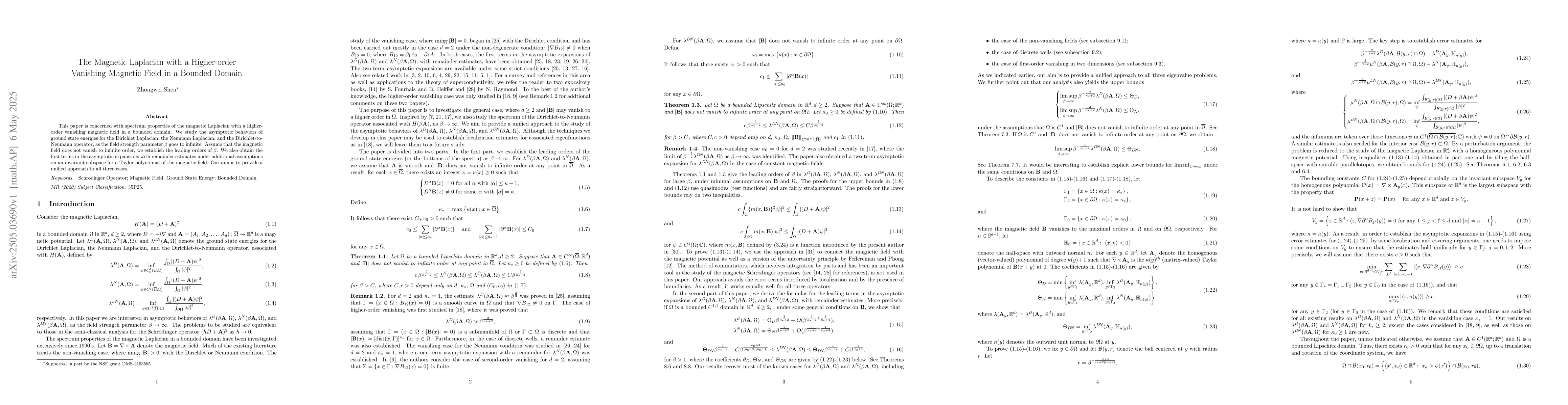 Thumbnail for The Magnetic Laplacian with a Higher-order Vanishing Magnetic Field in a
  Bounded Domain