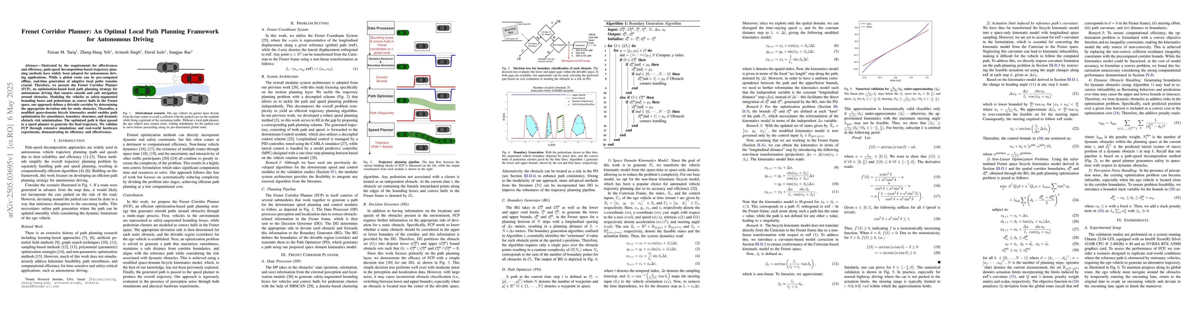 Thumbnail for Frenet Corridor Planner: An Optimal Local Path Planning Framework for
  Autonomous Driving
