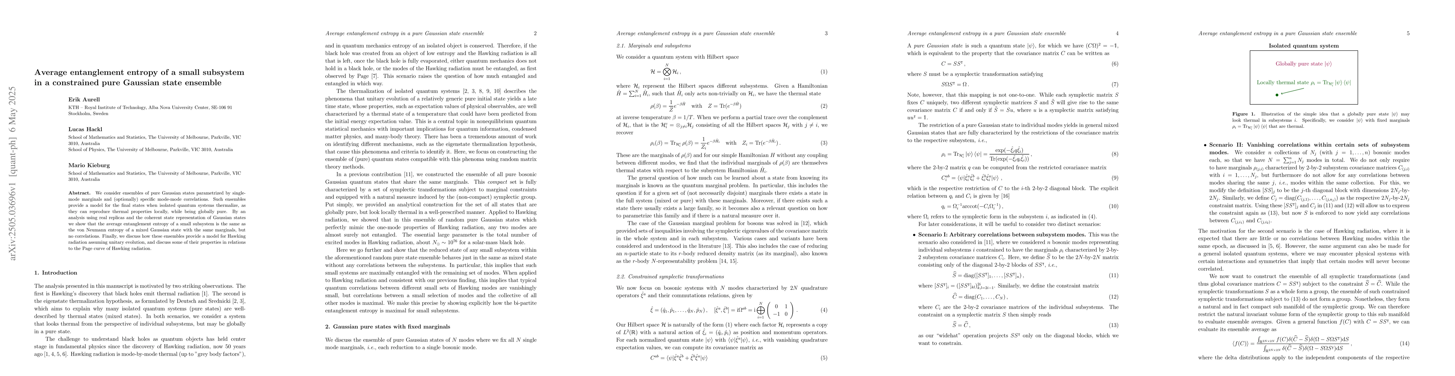 Thumbnail for Average entanglement entropy of a small subsystem in a constrained pure
  Gaussian state ensemble