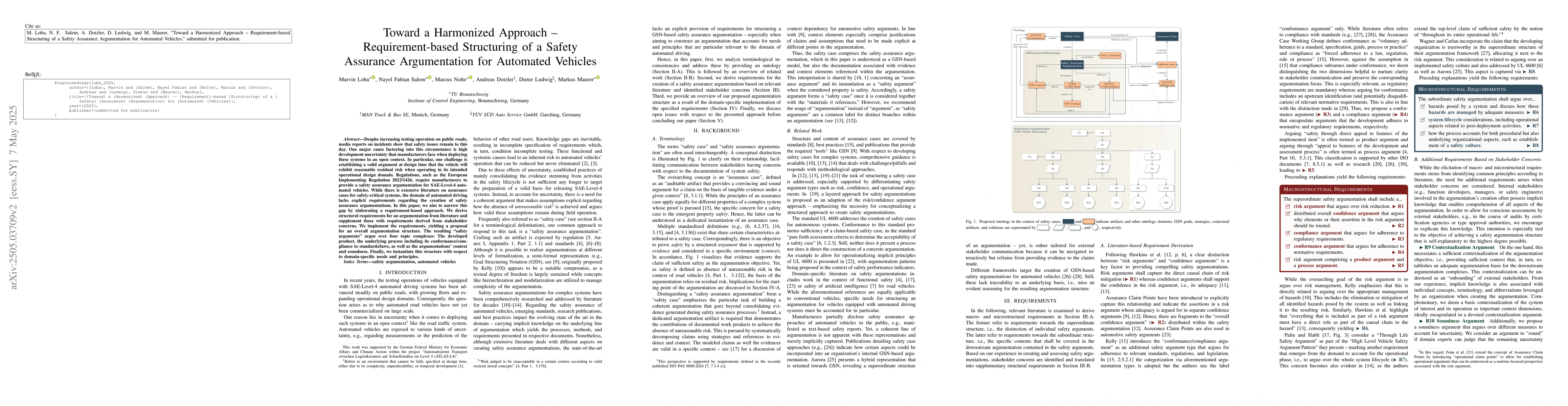 Thumbnail for Toward a Harmonized Approach -- Requirement-based Structuring of a
  Safety Assurance Argumentation for Automated Vehicles