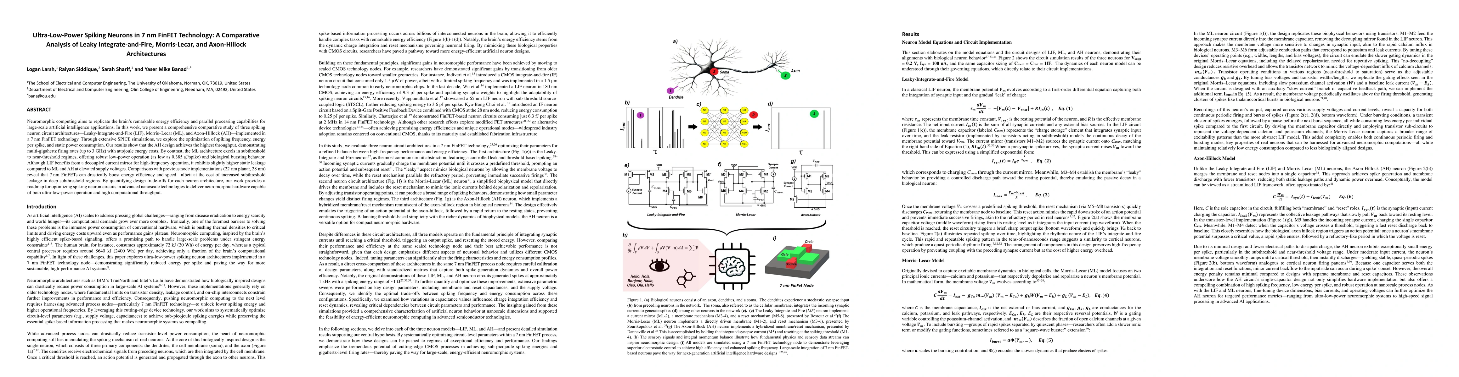 Thumbnail for Ultra-Low-Power Spiking Neurons in 7 nm FinFET Technology: A Comparative
  Analysis of Leaky Integrate-and-Fire, Morris-Lecar, and Axon-Hillock
  Architectures