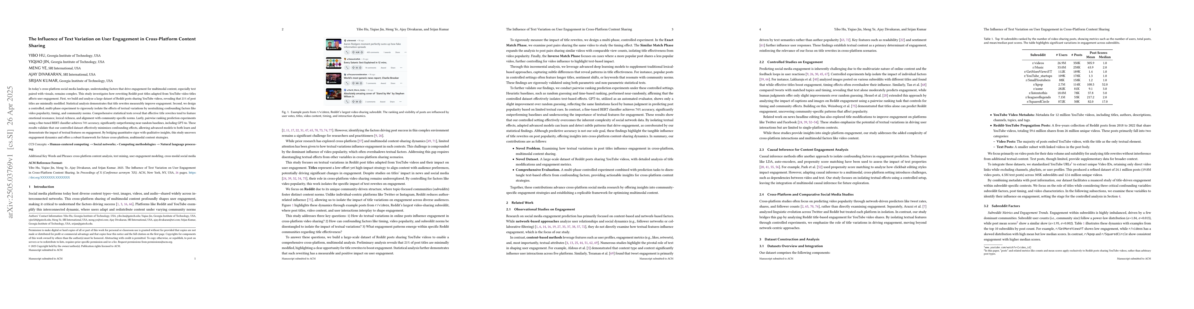 Thumbnail for The Influence of Text Variation on User Engagement in Cross-Platform
  Content Sharing