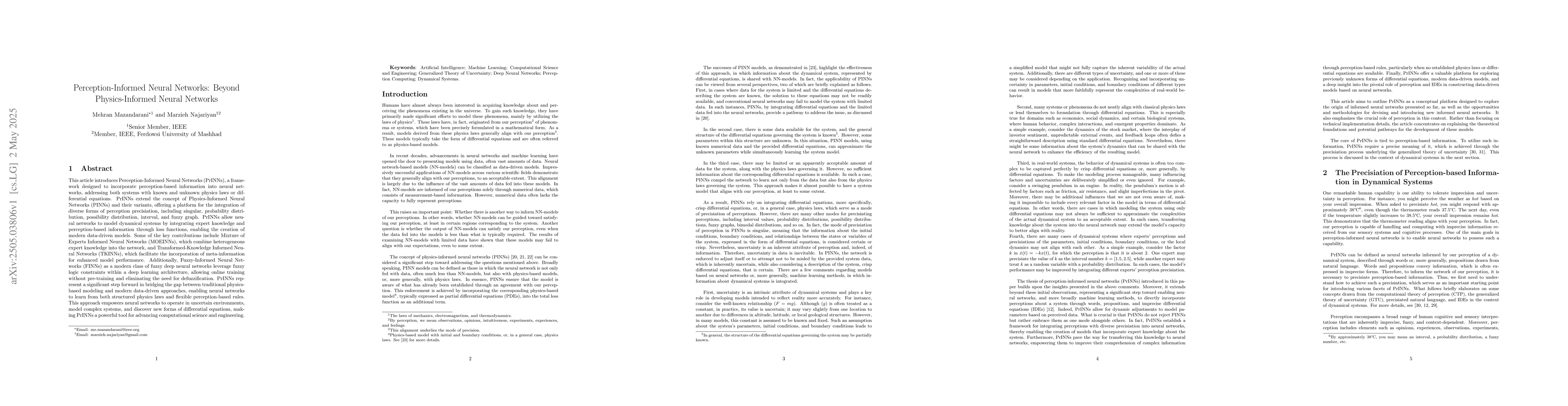 Thumbnail for Perception-Informed Neural Networks: Beyond Physics-Informed Neural
  Networks
