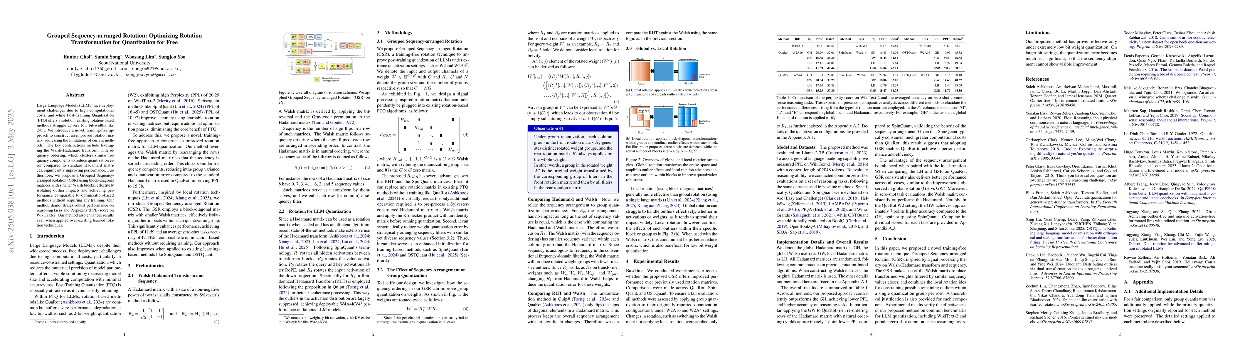 Thumbnail for Grouped Sequency-arranged Rotation: Optimizing Rotation Transformation
  for Quantization for Free
