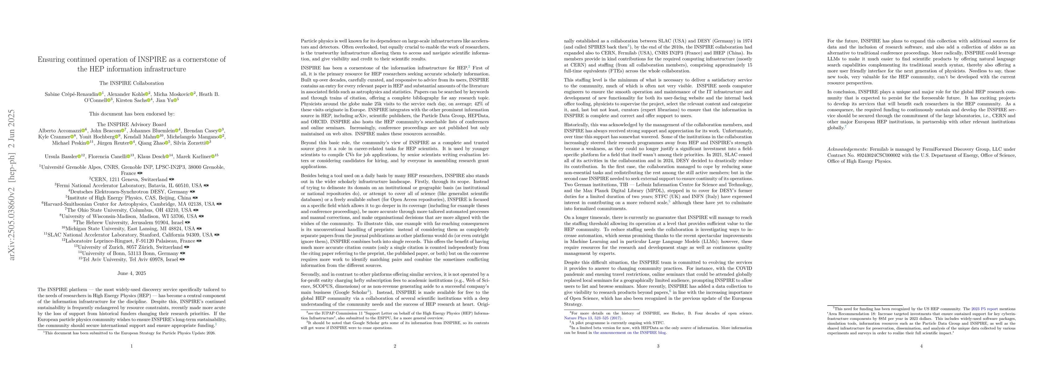 Thumbnail for Ensuring continued operation of INSPIRE as a cornerstone of the HEP
  information infrastructure