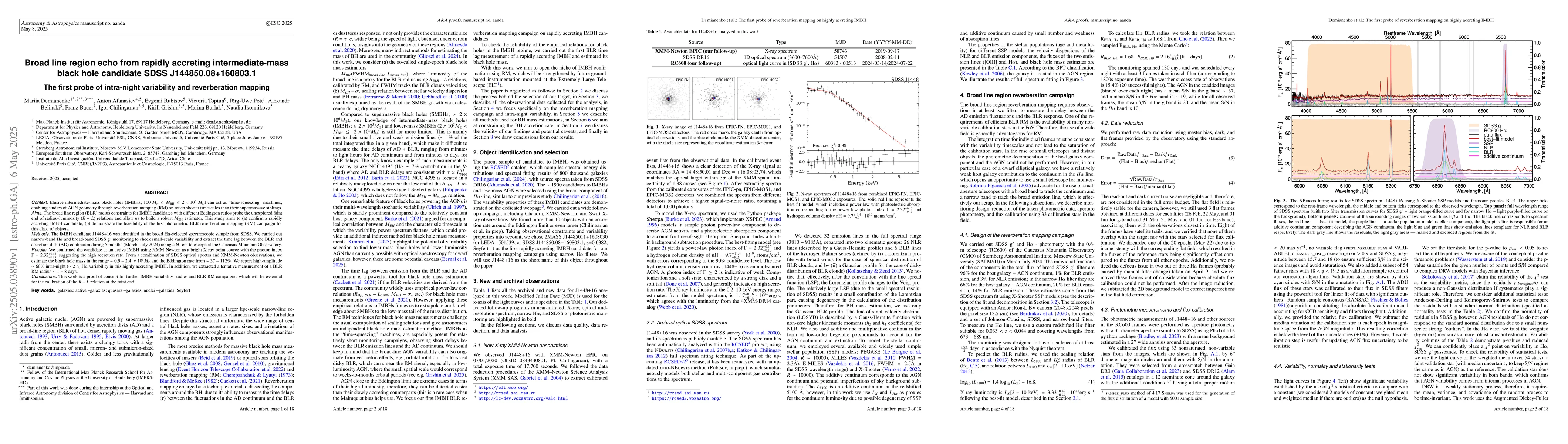 Thumbnail for Broad line region echo from rapidly accreting intermediate-mass black
  hole candidate SDSS J144850.08+160803.1. The first probe of intra-night
  variability and reverberation mapping