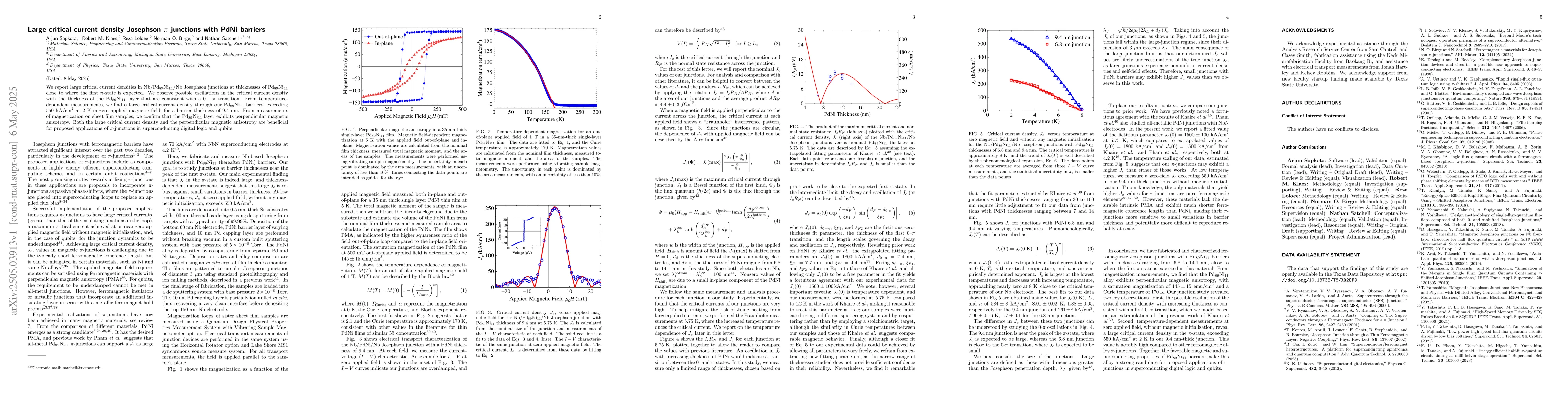 Thumbnail for Large critical current density Josephson $π$ junctions with PdNi
  barriers