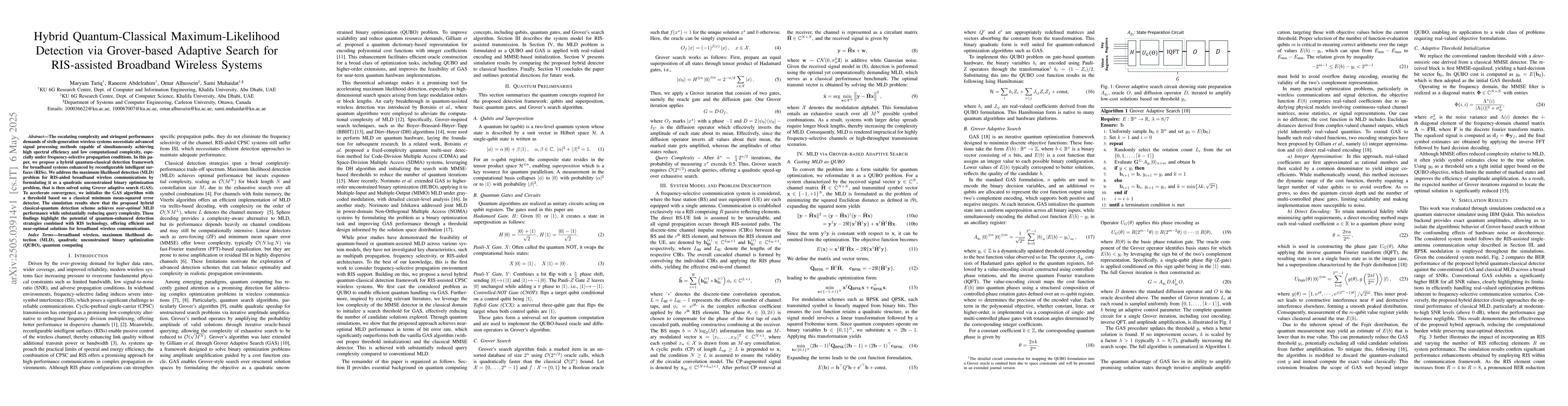 Thumbnail for Hybrid Quantum-Classical Maximum-Likelihood Detection via Grover-based
  Adaptive Search for RIS-assisted Broadband Wireless Systems