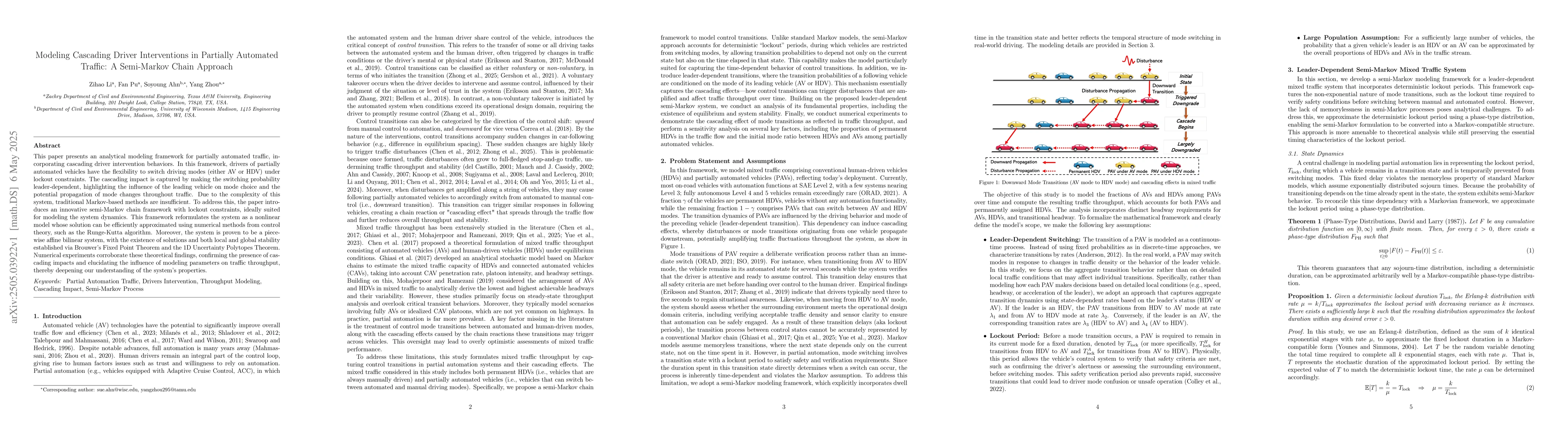 Thumbnail for Modeling Cascading Driver Interventions in Partially Automated Traffic:
  A Semi-Markov Chain Approach