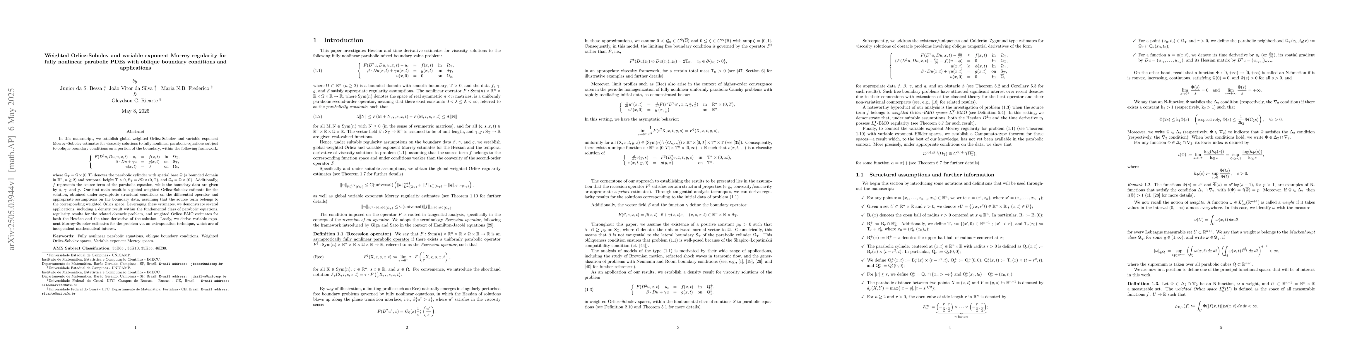 Thumbnail for Weighted Orlicz-Sobolev and variable exponent Morrey regularity for
  fully nonlinear parabolic PDEs with oblique boundary conditions and
  applications