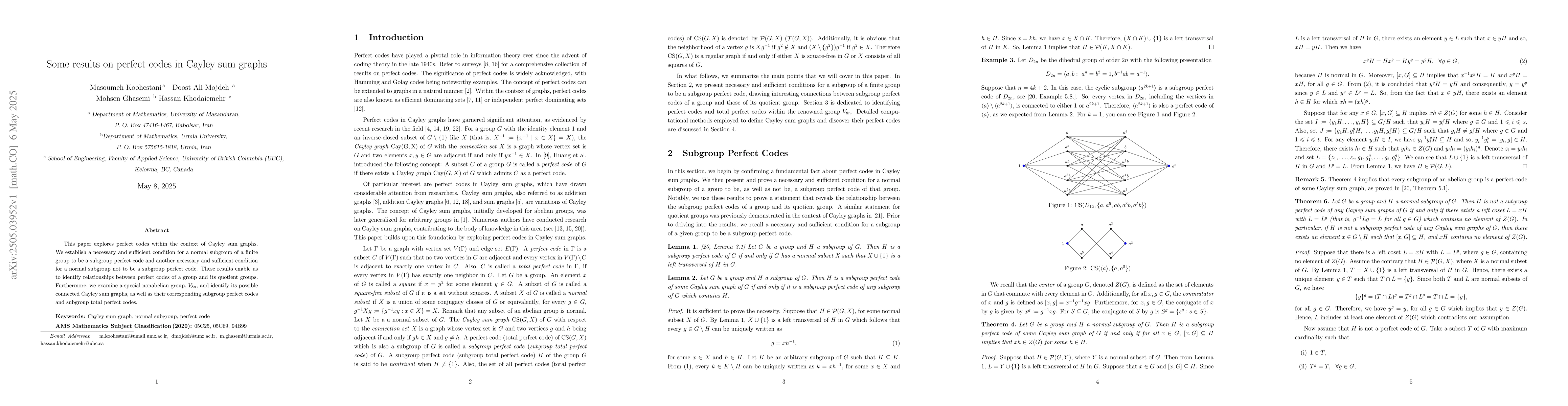 Thumbnail for Some results on perfect codes in Cayley sum graphs
