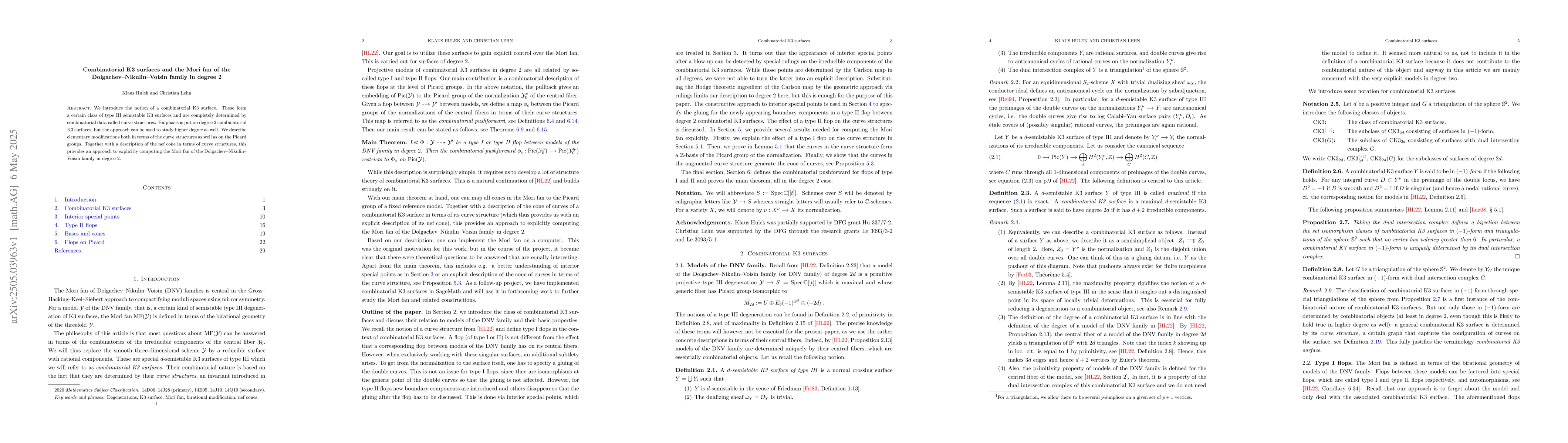 Thumbnail for Combinatorial K3 surfaces and the Mori fan of the
  Dolgachev--Nikulin--Voisin family in degree 2