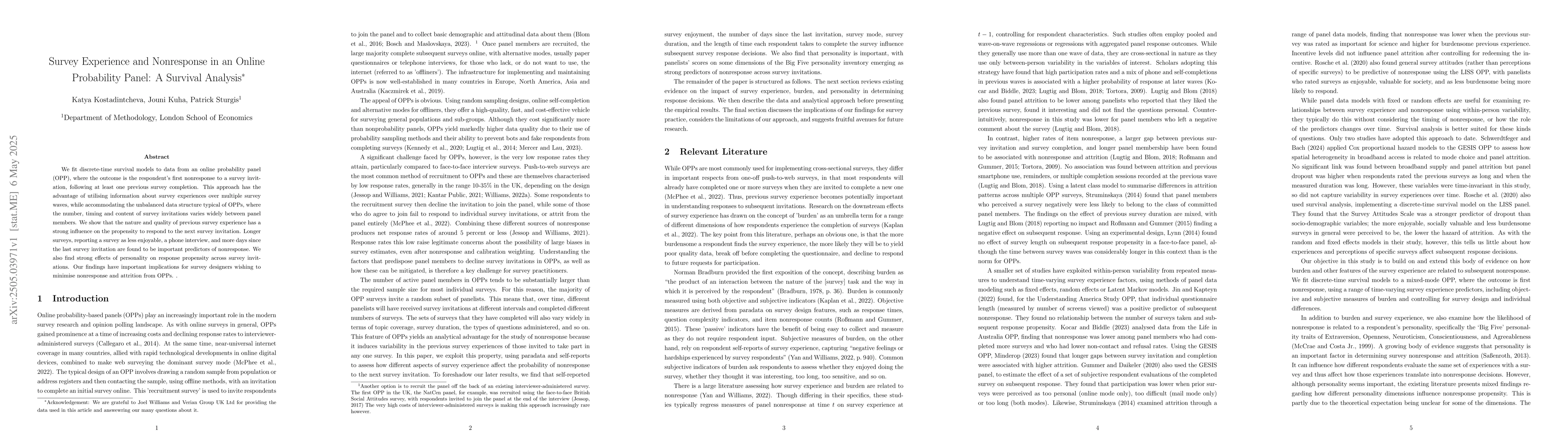 Thumbnail for Survey Experience and Nonresponse in an Online Probability Panel: A
  Survival Analysis