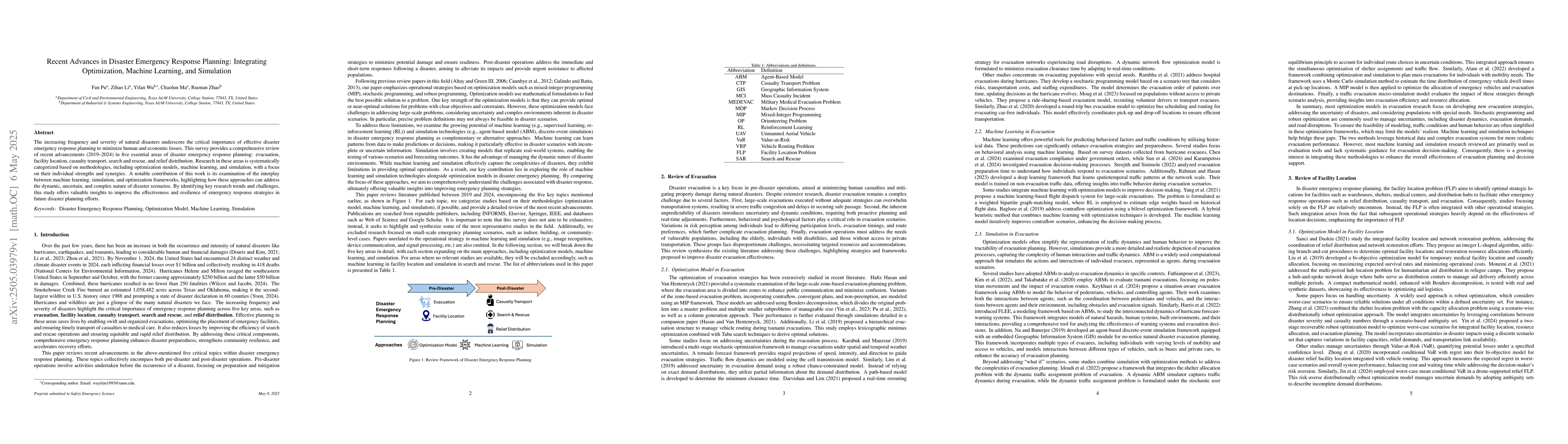 Thumbnail for Recent Advances in Disaster Emergency Response Planning: Integrating
  Optimization, Machine Learning, and Simulation