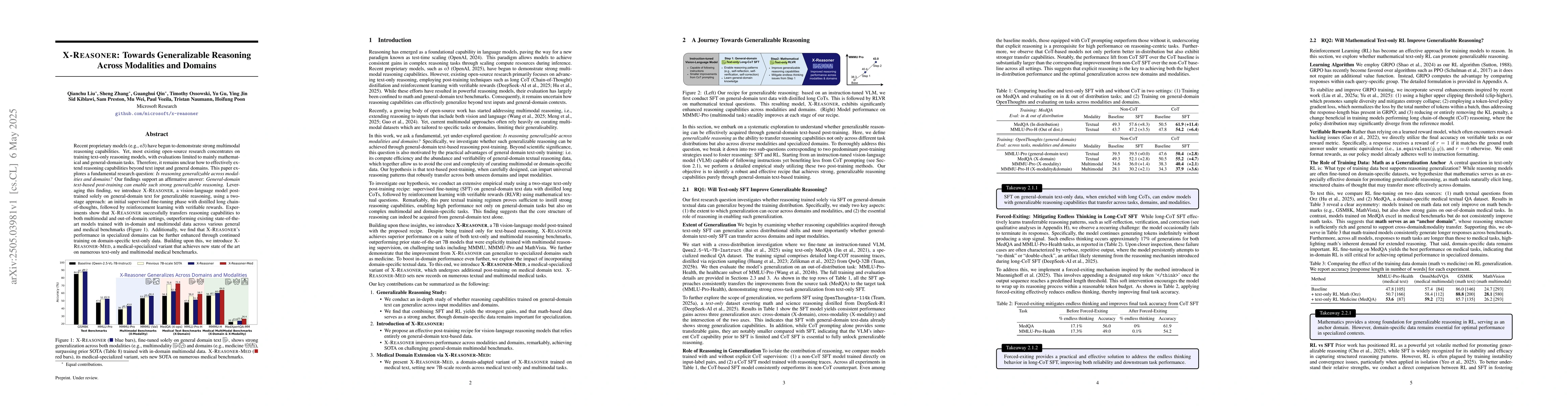 Thumbnail for X-Reasoner: Towards Generalizable Reasoning Across Modalities and
  Domains