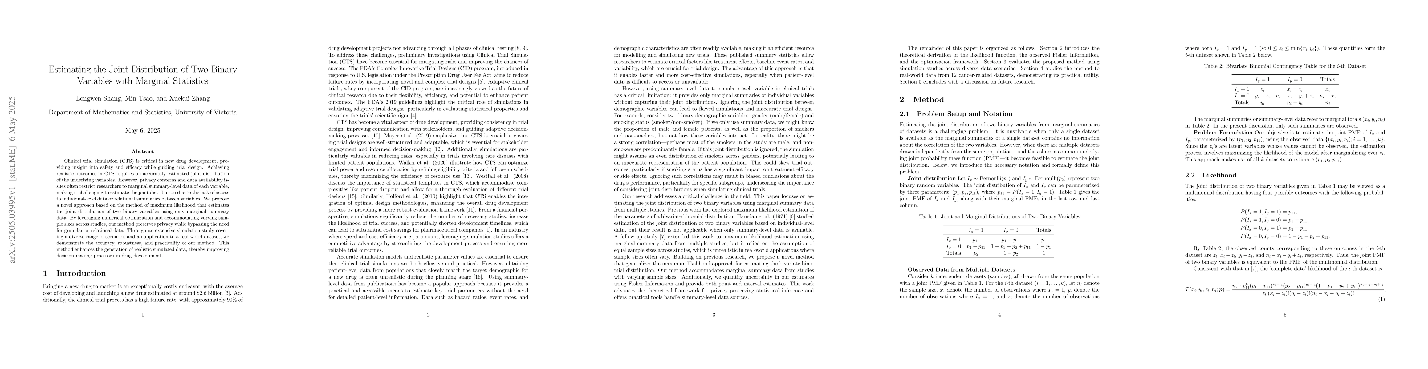 Thumbnail for Estimating the Joint Distribution of Two Binary Variables with Marginal
  Statistics