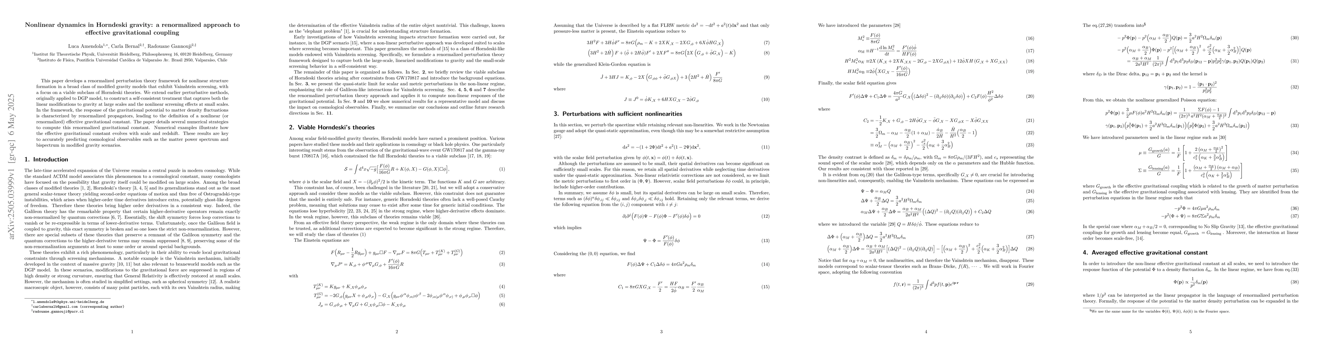 Thumbnail for Nonlinear dynamics in Horndeski gravity: a renormalized approach to
  effective gravitational coupling