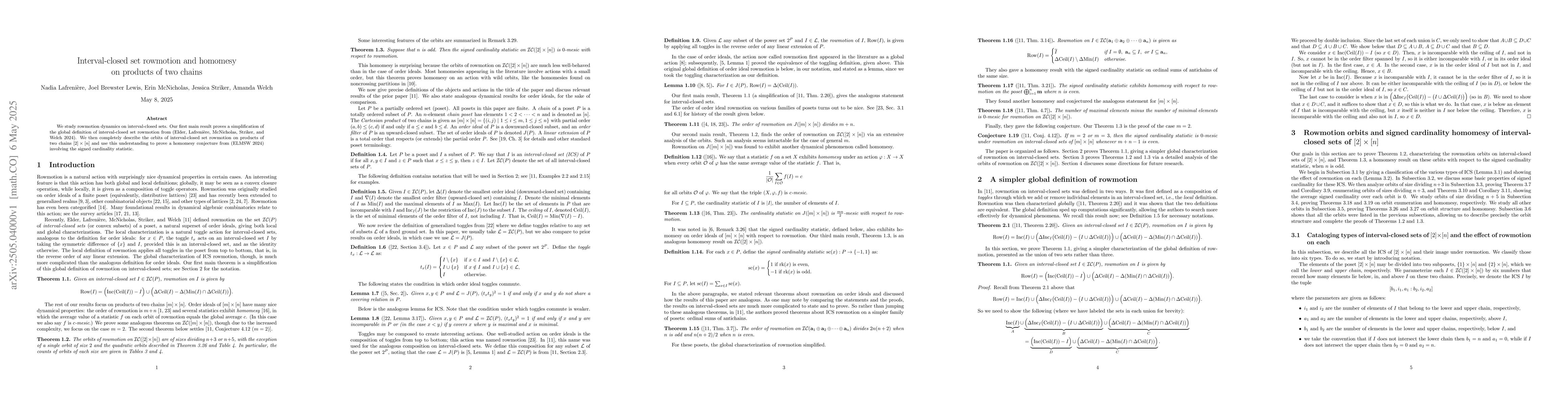 Thumbnail for Interval-closed set rowmotion and homomesy on products of two chains