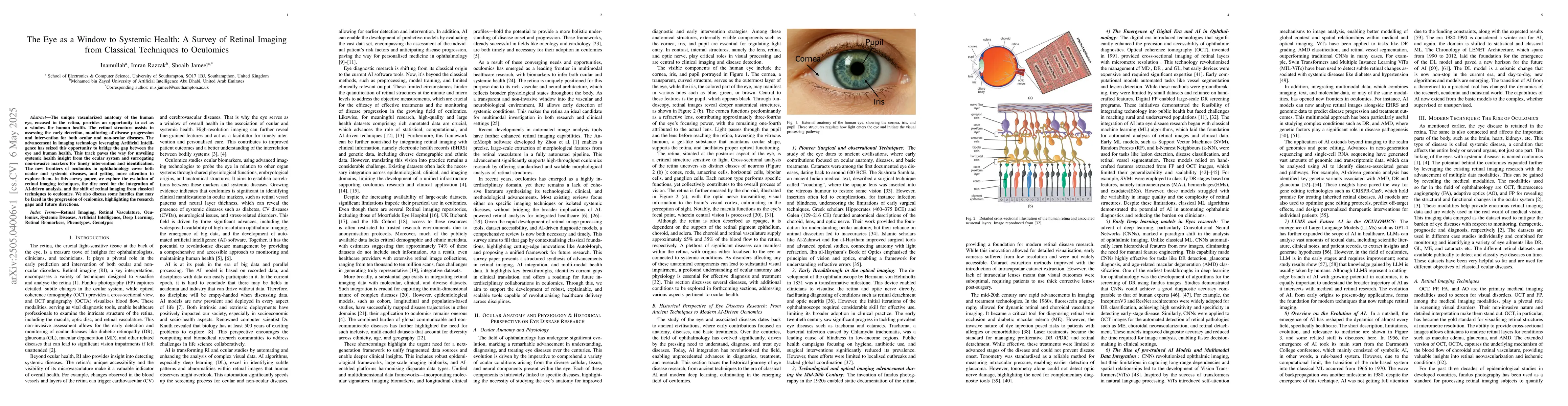 Thumbnail for The Eye as a Window to Systemic Health: A Survey of Retinal Imaging from
  Classical Techniques to Oculomics