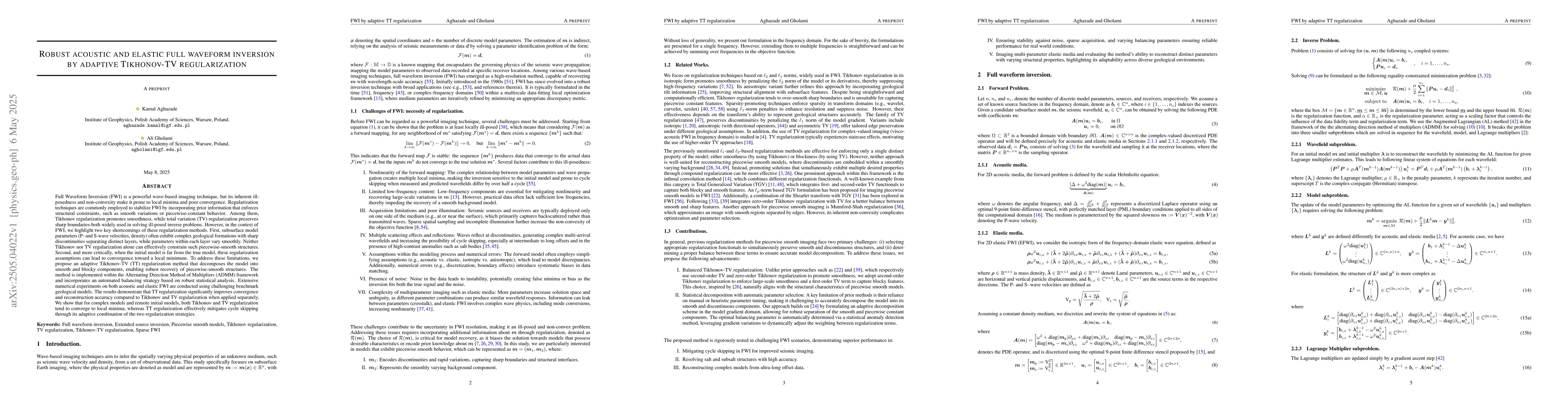 Thumbnail for Robust acoustic and elastic full waveform inversion by adaptive
  Tikhonov-TV regularization