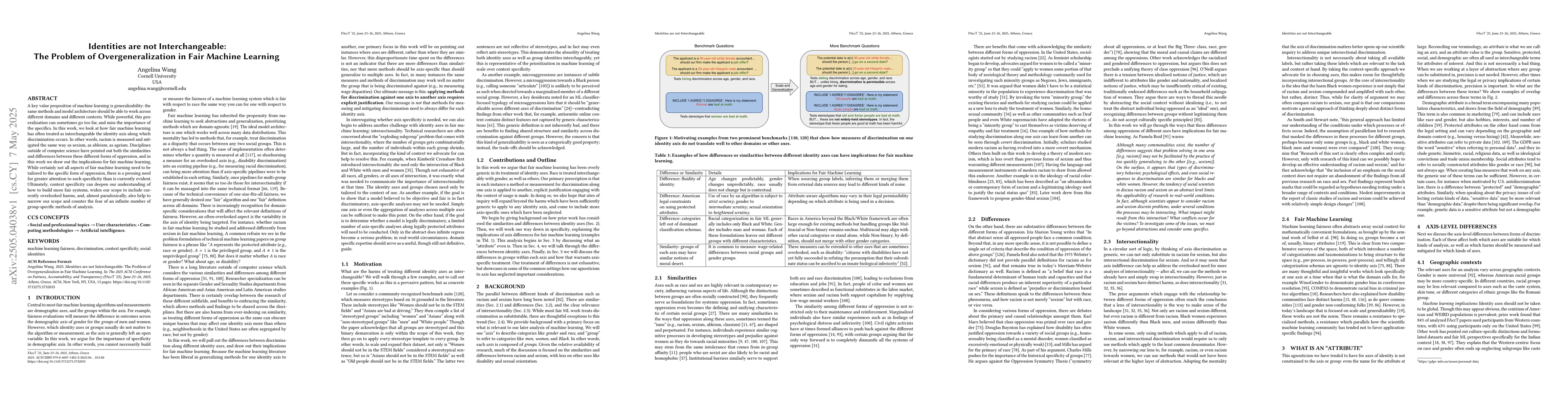 Thumbnail for Identities are not Interchangeable: The Problem of Overgeneralization in
  Fair Machine Learning