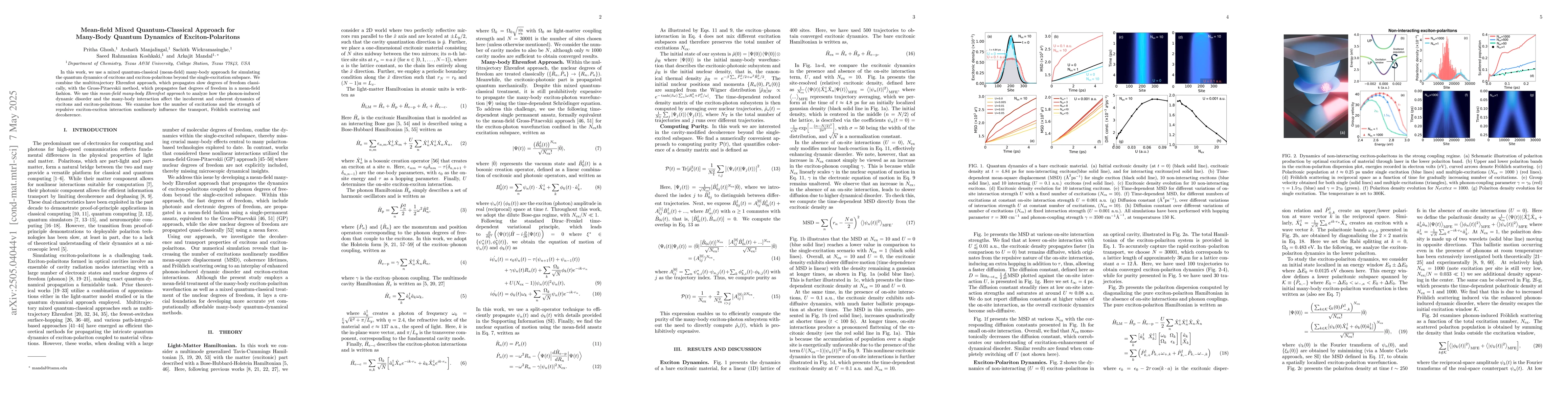 Thumbnail for Mean-field Mixed Quantum-Classical Approach for Many-Body Quantum
  Dynamics of Exciton-Polaritons