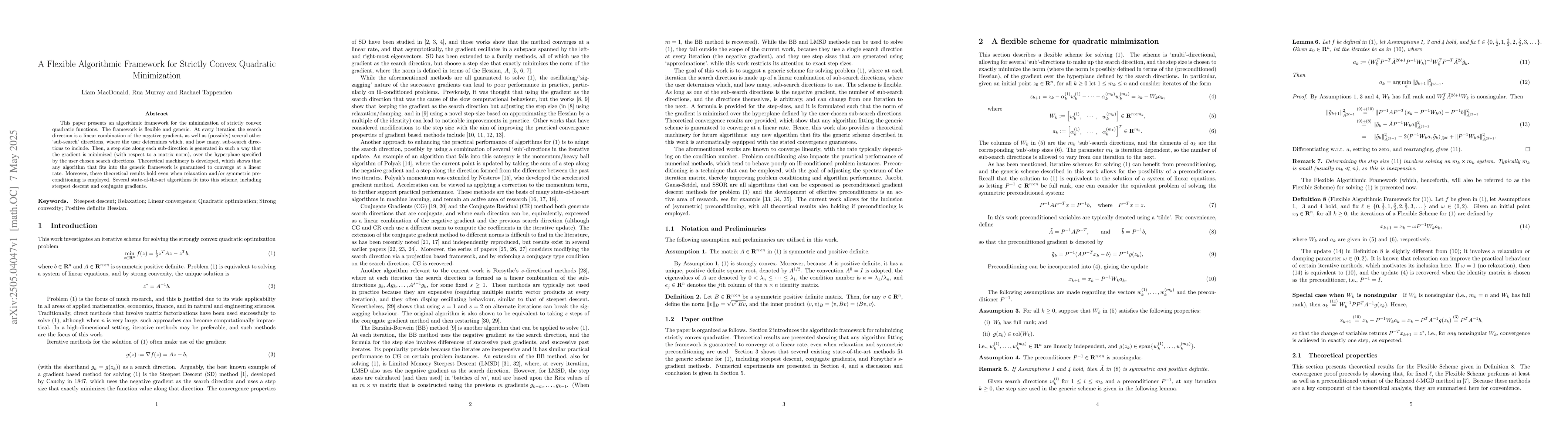 Thumbnail for A Flexible Algorithmic Framework for Strictly Convex Quadratic
  Minimization