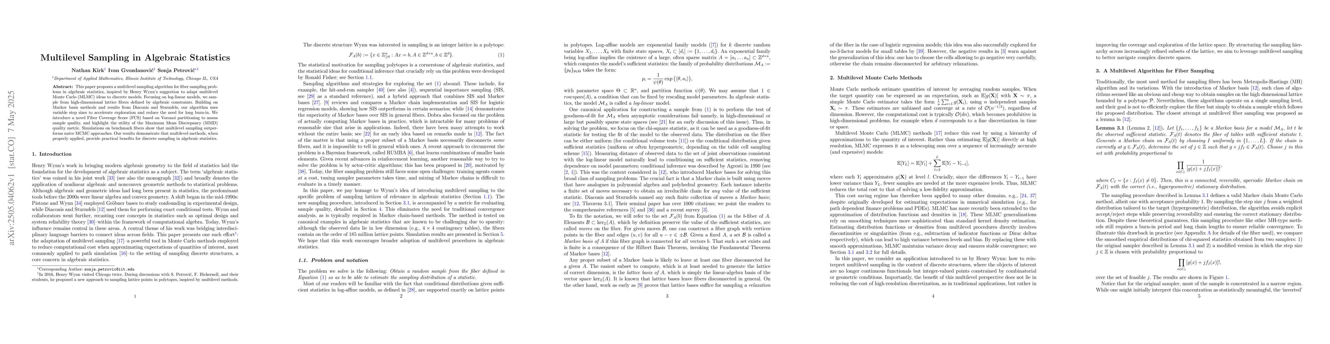 Thumbnail for Multilevel Sampling in Algebraic Statistics