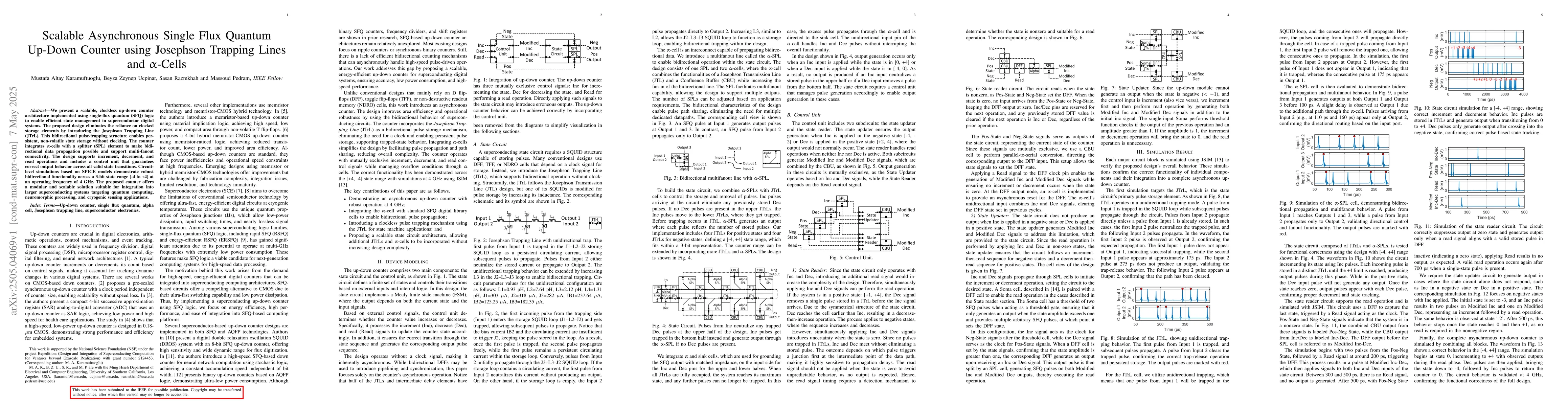 Thumbnail for Scalable Asynchronous Single Flux Quantum Up-Down Counter using
  Josephson Trapping Lines and α-Cells