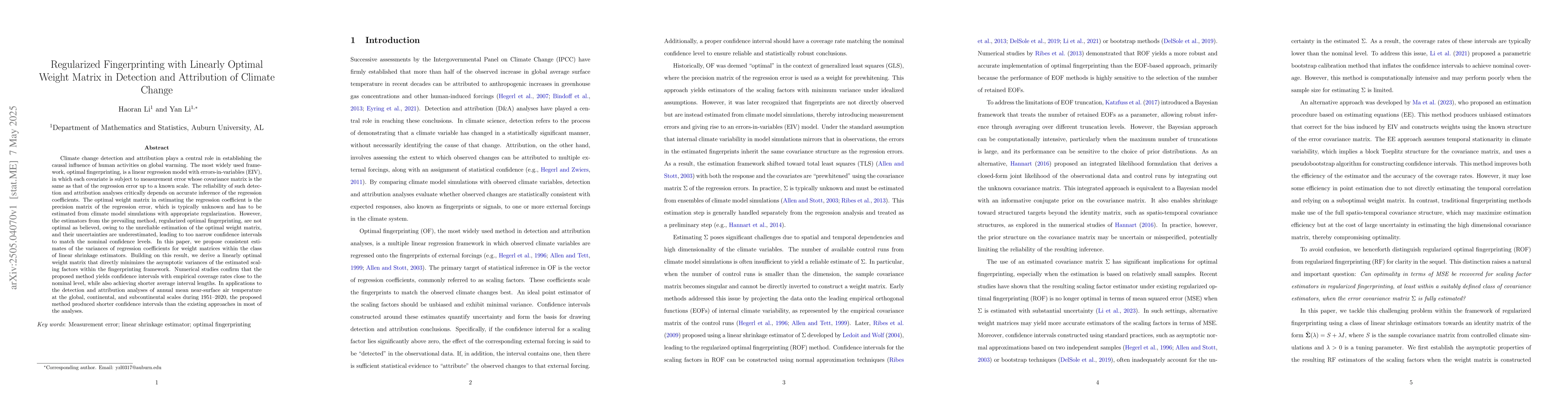 Thumbnail for Regularized Fingerprinting with Linearly Optimal Weight Matrix in
  Detection and Attribution of Climate Change