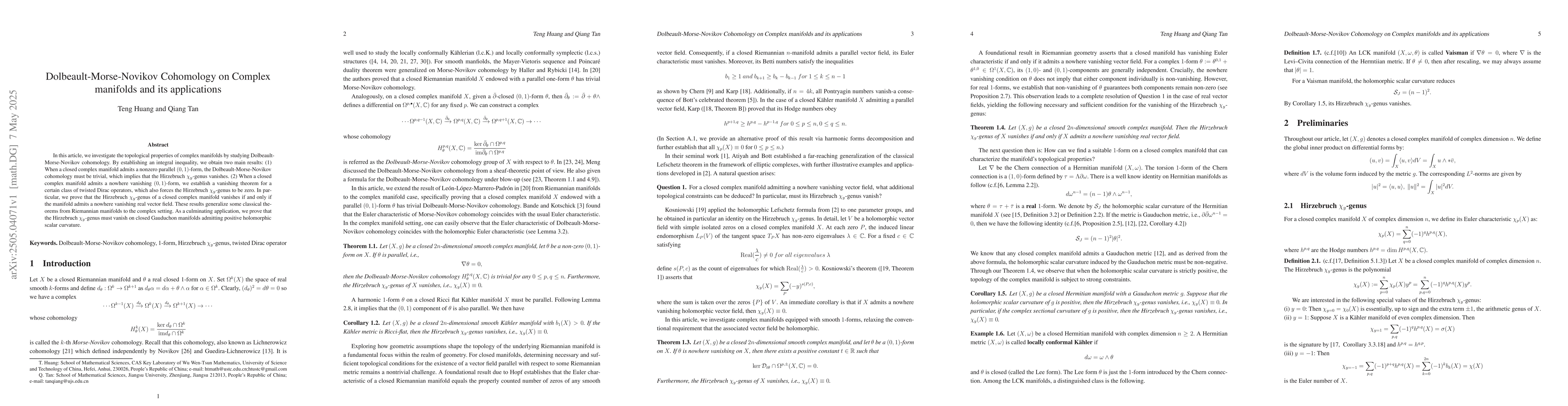 Thumbnail for Dolbeault-Morse-Novikov Cohomology on Complex manifolds and its
  applications