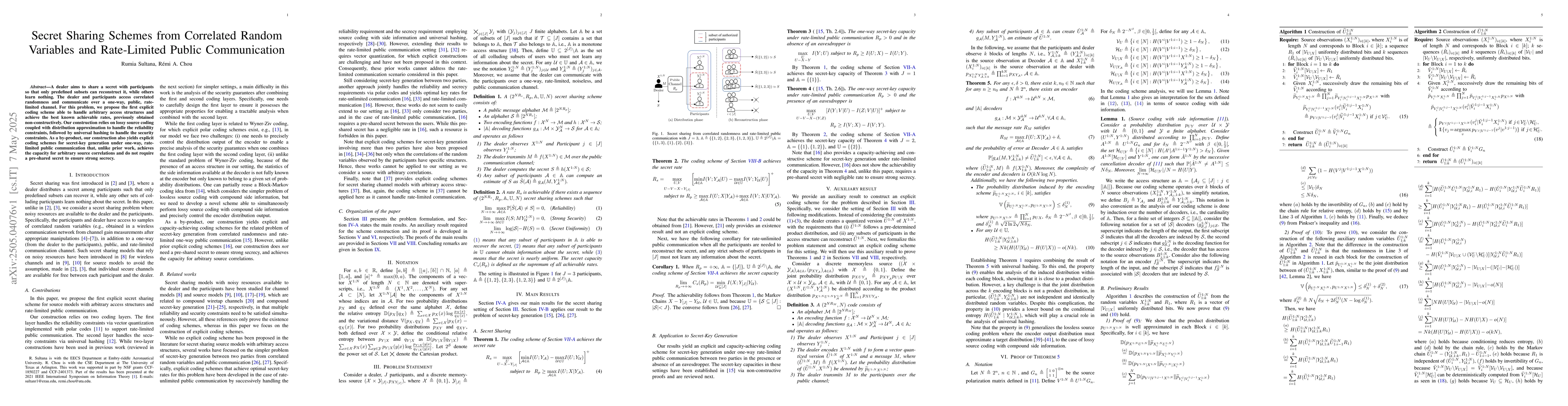 Thumbnail for Secret Sharing Schemes from Correlated Random Variables and Rate-Limited
  Public Communication