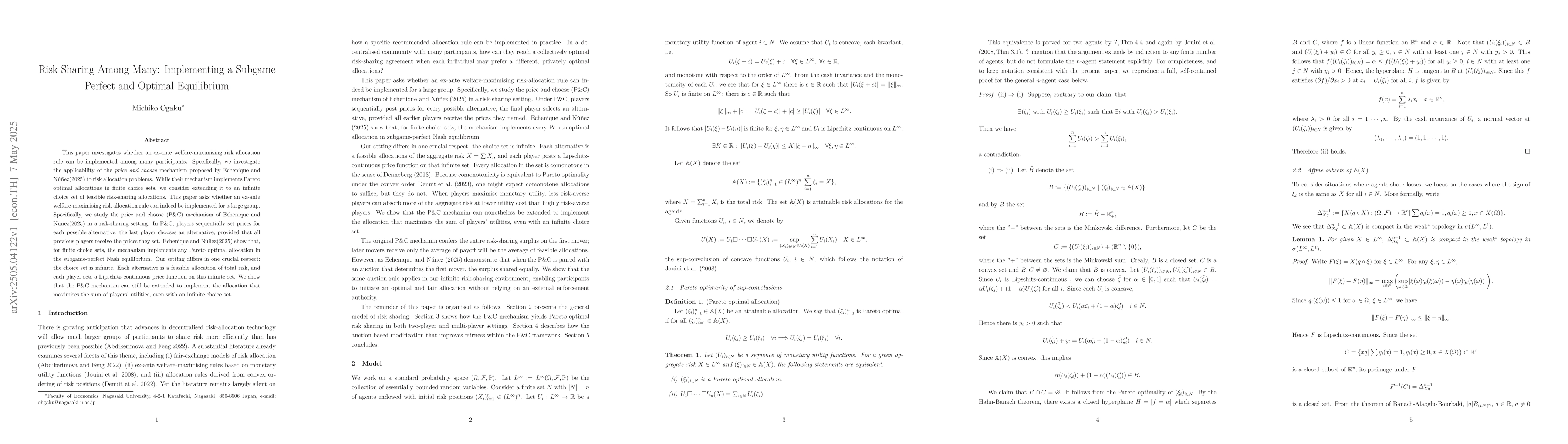 Thumbnail for Risk Sharing Among Many: Implementing a Subgame Perfect and Optimal
  Equilibrium