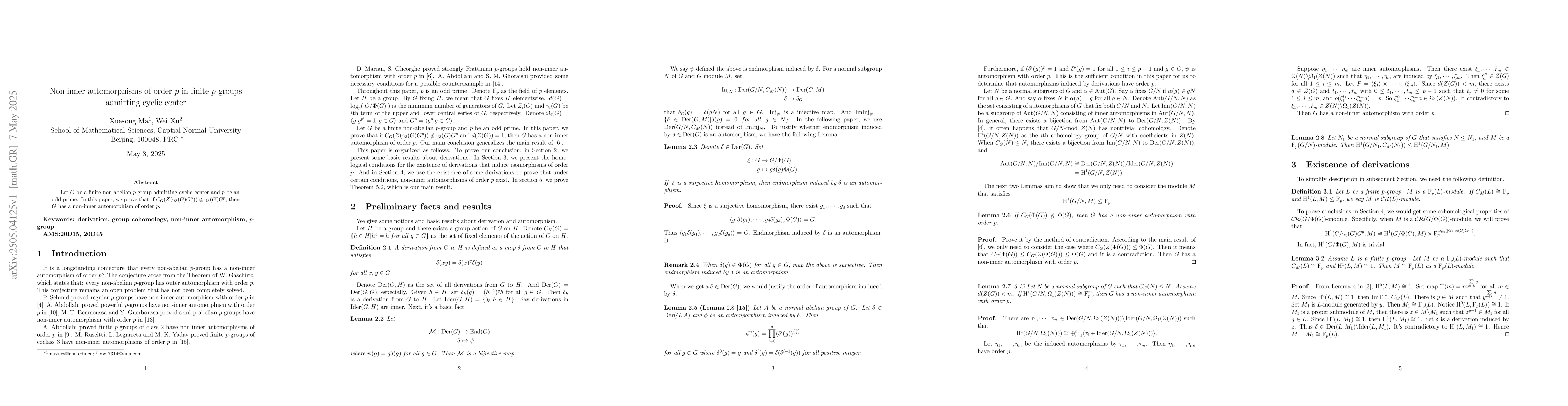 Thumbnail for Non-inner automorphisms of order $p$ in finite $p$-groups admitting
  cyclic center