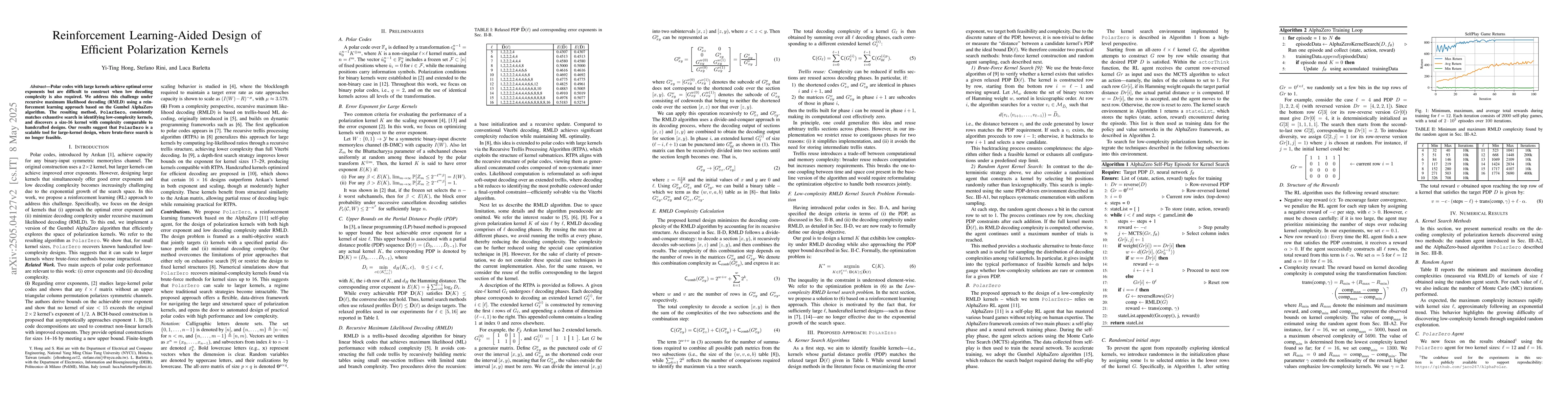 Thumbnail for Reinforcement Learning-Aided Design of Efficient Polarization Kernels