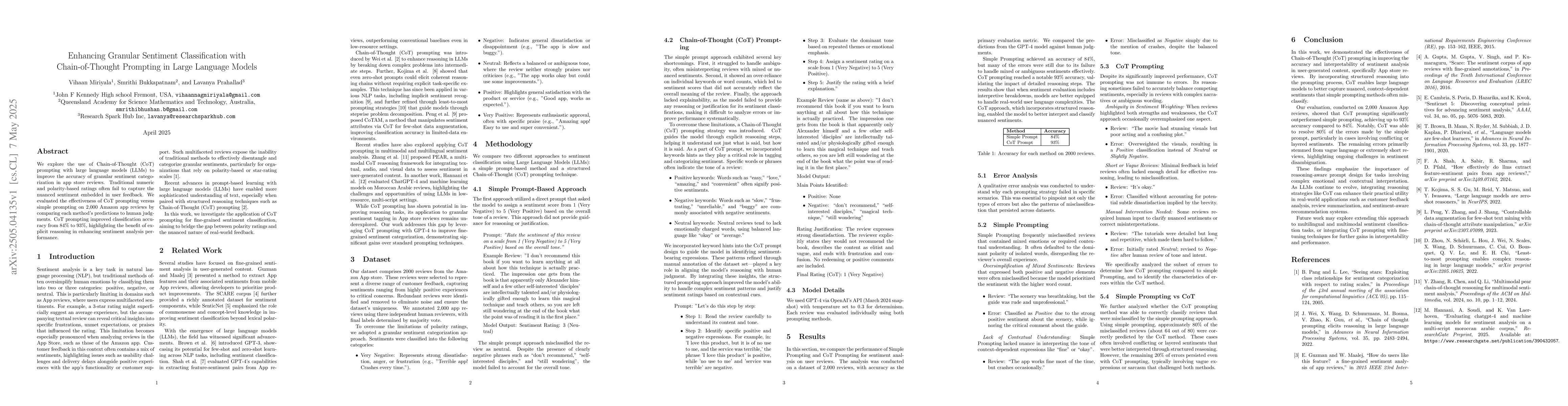 Thumbnail for Enhancing Granular Sentiment Classification with Chain-of-Thought
  Prompting in Large Language Models