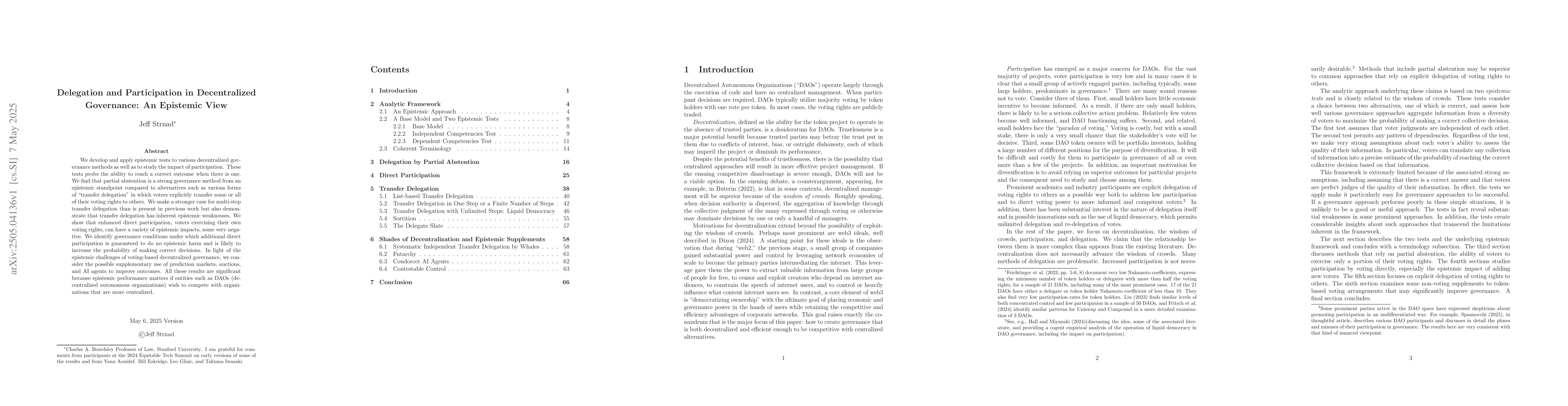 Thumbnail for Delegation and Participation in Decentralized Governance: An Epistemic
  View