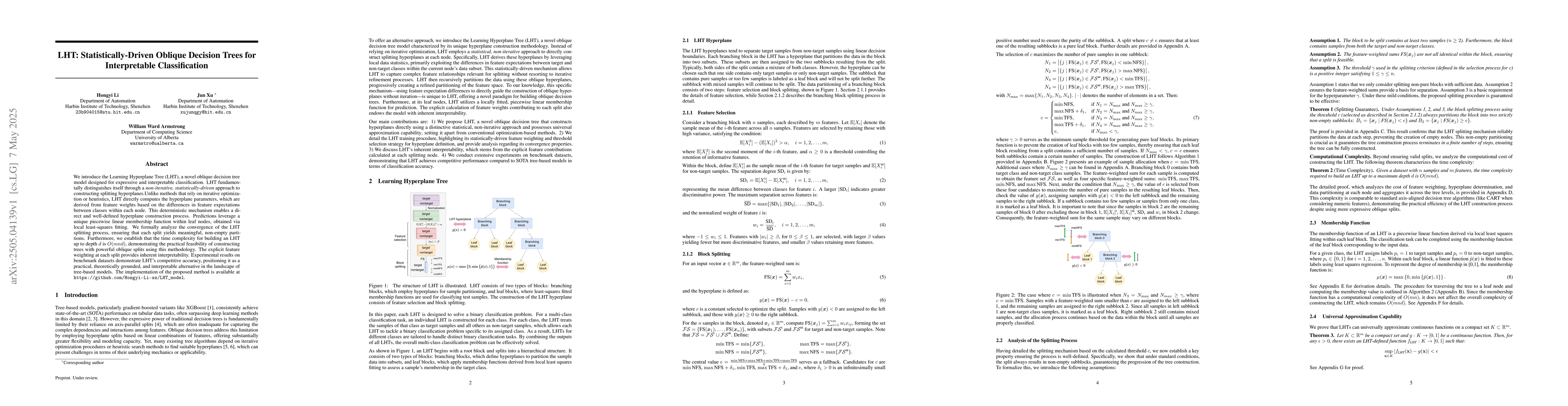 Thumbnail for LHT: Statistically-Driven Oblique Decision Trees for Interpretable
  Classification