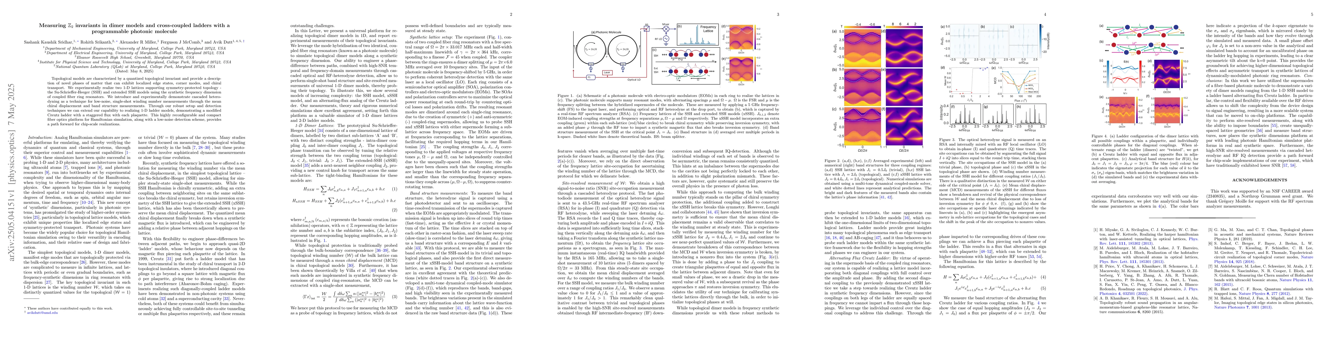 Thumbnail for Measuring $\mathbb{Z}_2$ invariants in dimer models and cross-coupled
  ladders with a programmable photonic molecule