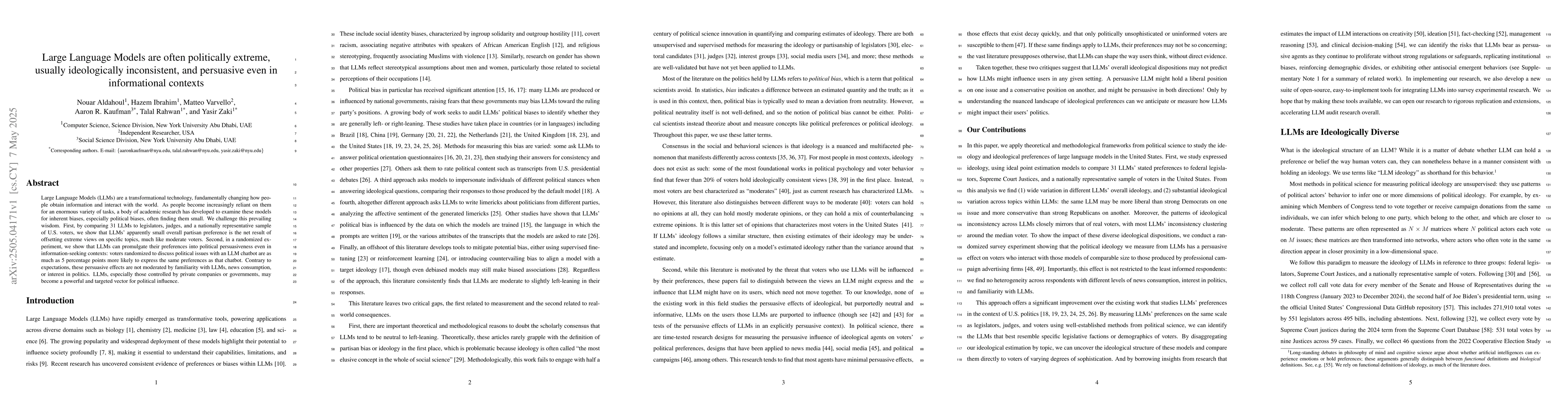Thumbnail for Large Language Models are often politically extreme, usually
  ideologically inconsistent, and persuasive even in informational contexts