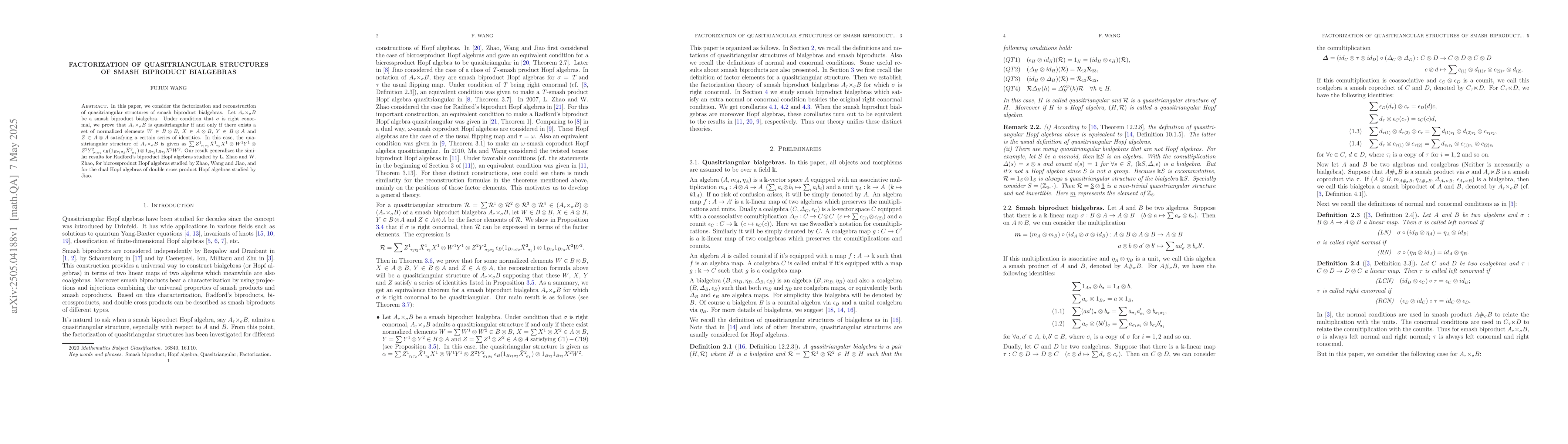 Thumbnail for Factorization of quasitriangular structures of smash biproduct
  bialgebras