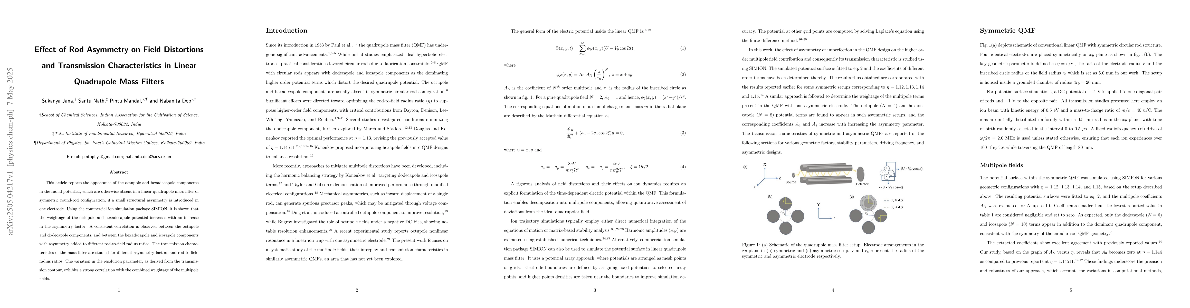 Thumbnail for Effect of Rod Asymmetry on Field Distortions and Transmission
  Characteristics in Linear Quadrupole Mass Filters