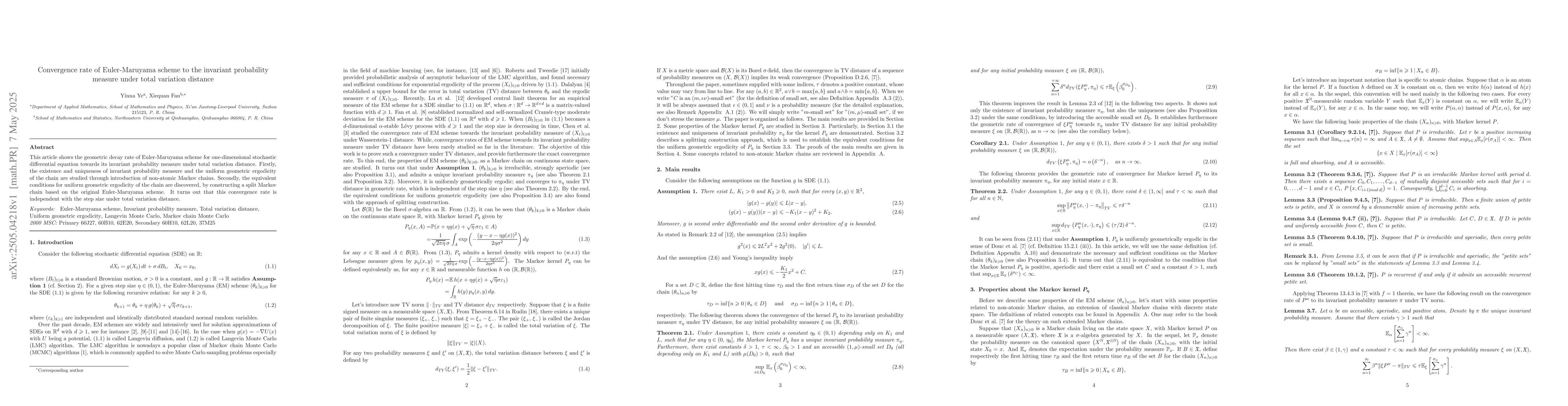 Thumbnail for Convergence rate of Euler-Maruyama scheme to the invariant probability
  measure under total variation distance