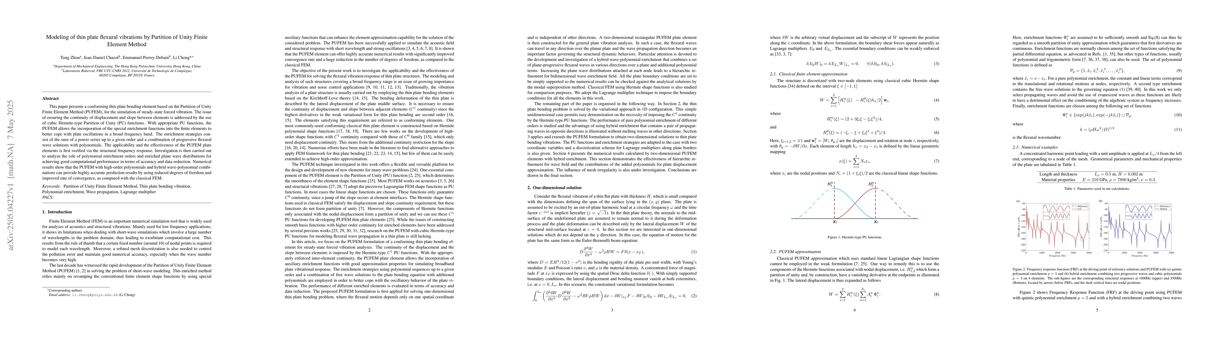 Thumbnail for Modeling of thin plate flexural vibrations by Partition of Unity Finite
  Element Method