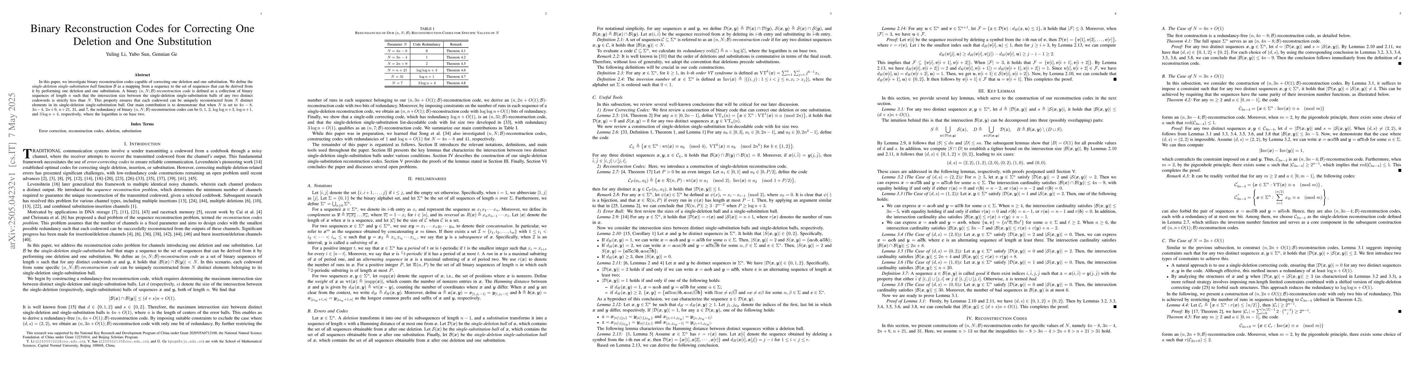 Thumbnail for Binary Reconstruction Codes for Correcting One Deletion and One
  Substitution