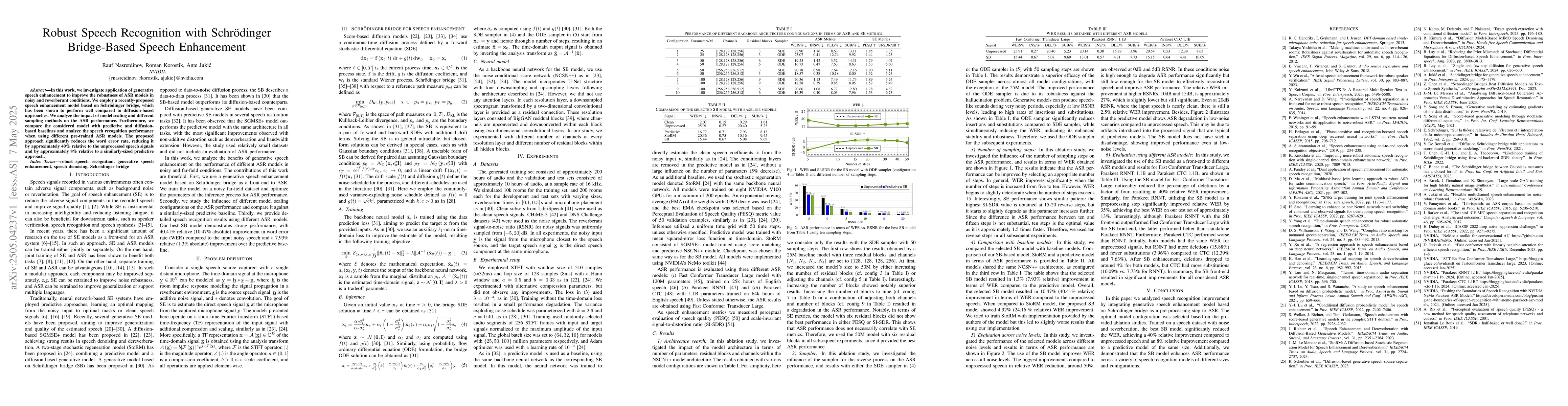 Thumbnail for Robust Speech Recognition with Schrödinger Bridge-Based Speech
  Enhancement