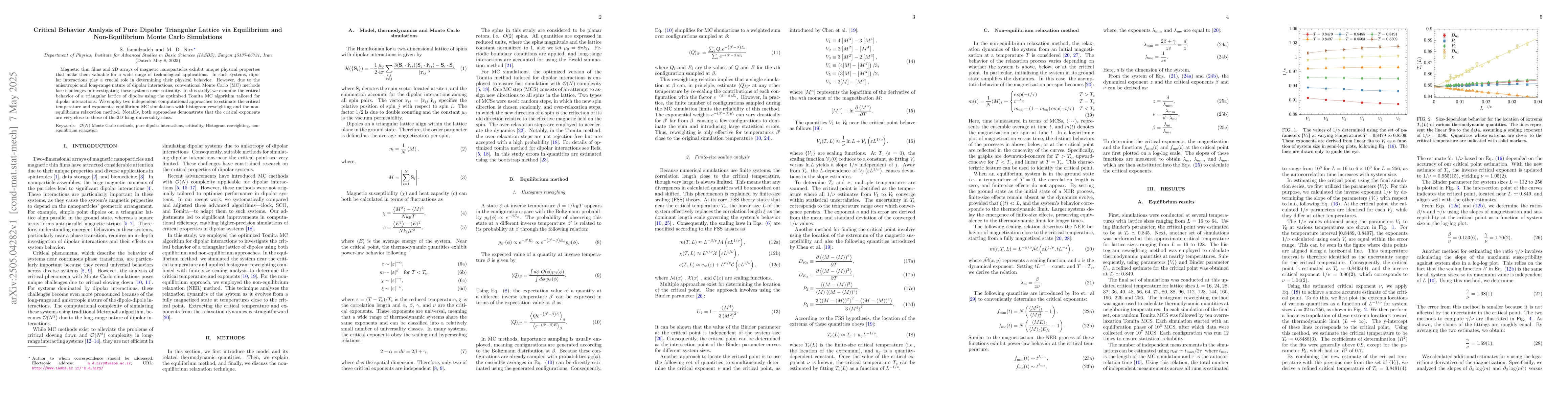 Thumbnail for Critical Behavior Analysis of Pure Dipolar Triangular Lattice via
  Equilibrium and Non-Equilibrium Monte Carlo Simulations