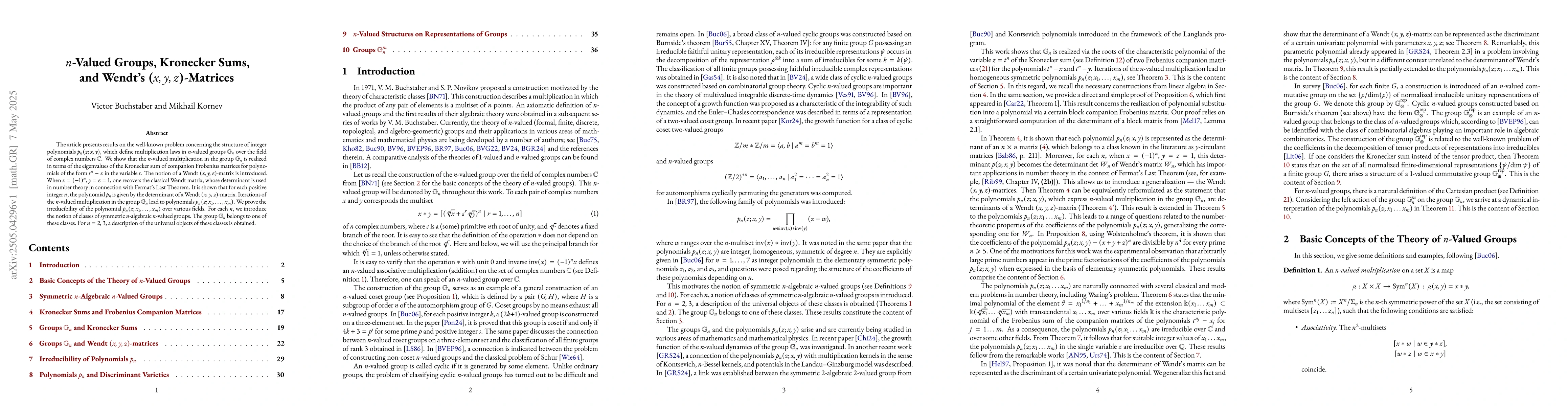 Thumbnail for $n$-Valued Groups, Kronecker Sums, and Wendt's $(x, y, z)$-Matrices