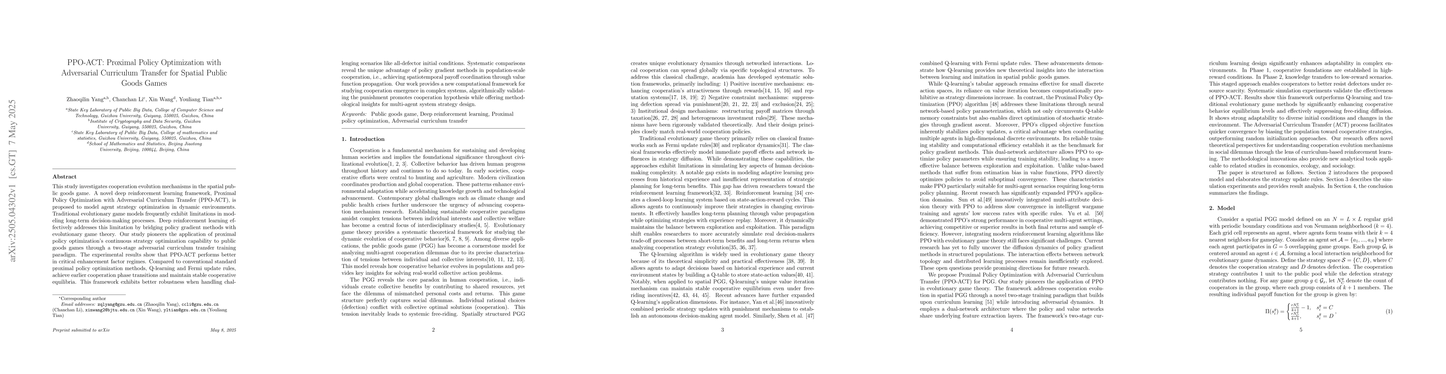 Thumbnail for PPO-ACT: Proximal Policy Optimization with Adversarial Curriculum
  Transfer for Spatial Public Goods Games