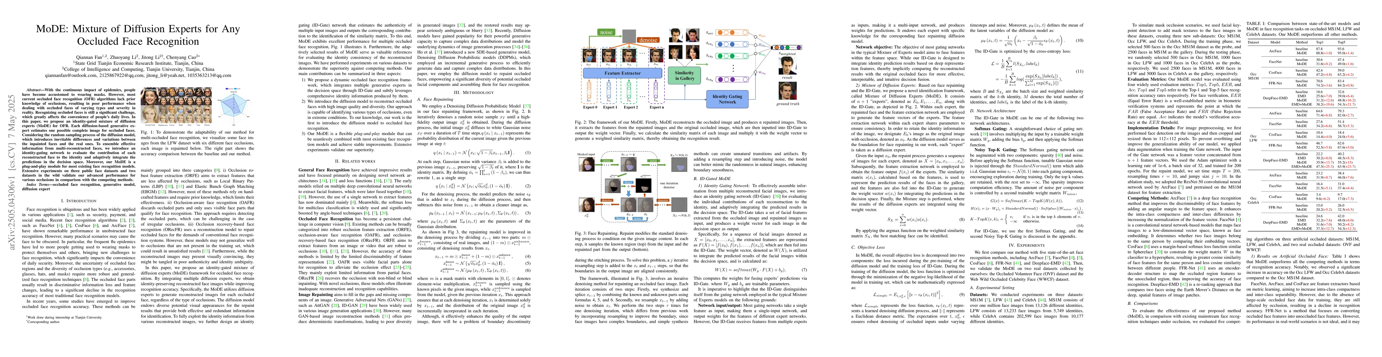 Thumbnail for MoDE: Mixture of Diffusion Experts for Any Occluded Face Recognition